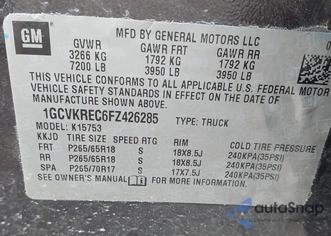 2015 Chevrolet Silverado 1500 1Lt z USA, uszkodzony, nr VIN 1GCVKREC6FZ426285